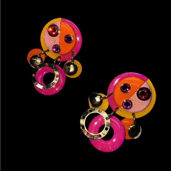 MAM VINTAGE 80’s CLIP EARRINGS PINK YELLOW AND ORANGE WITH CRYSTAL GOLD ACCENTS - Picture 4 of 10